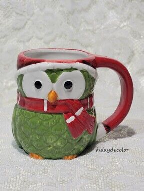 Christmas Green Owl Figural Ceramic Mug Red Hat Scarf Coffee Cup Holiday Decor